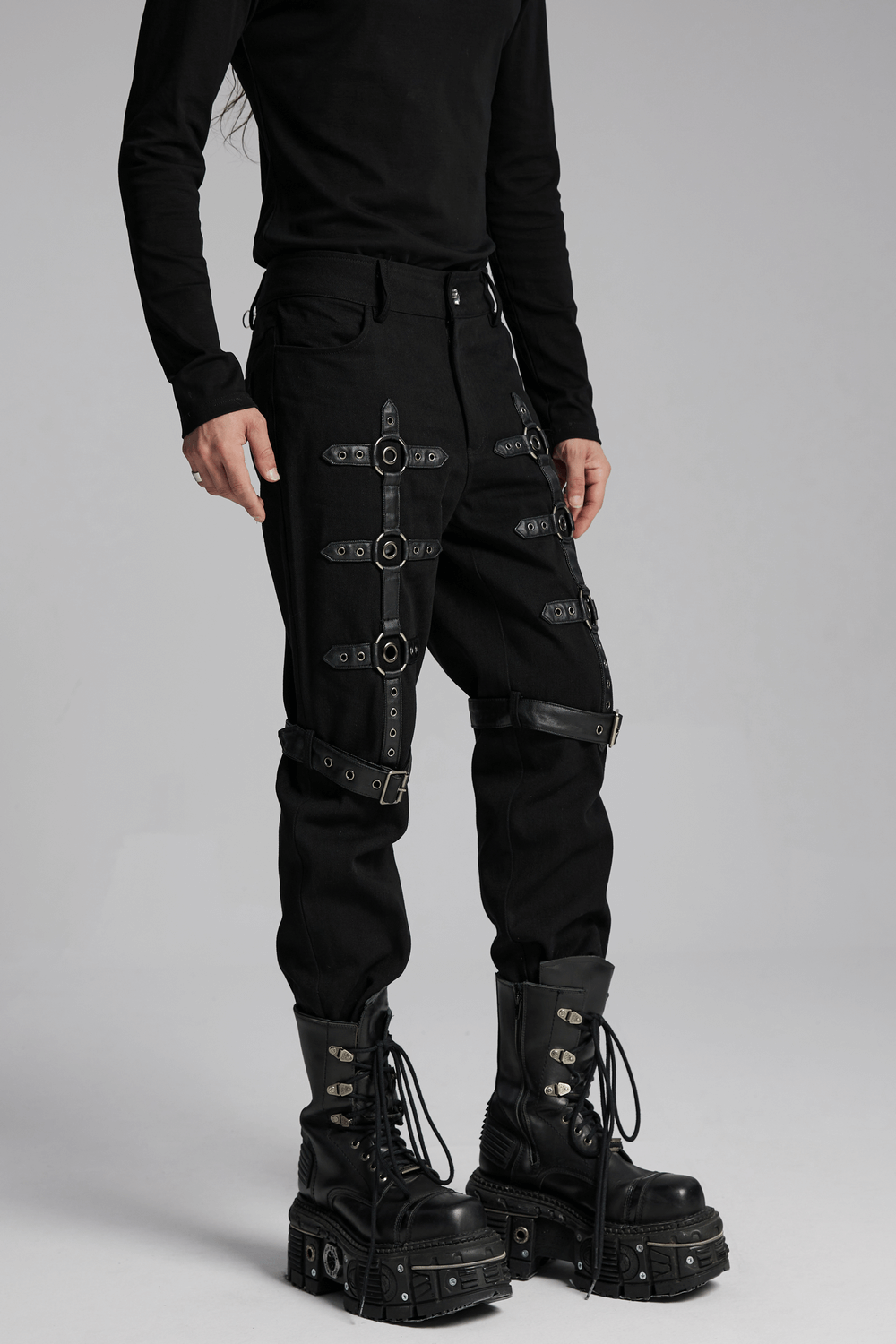 Black Twill Punk Pants with Metal Rings and Straps