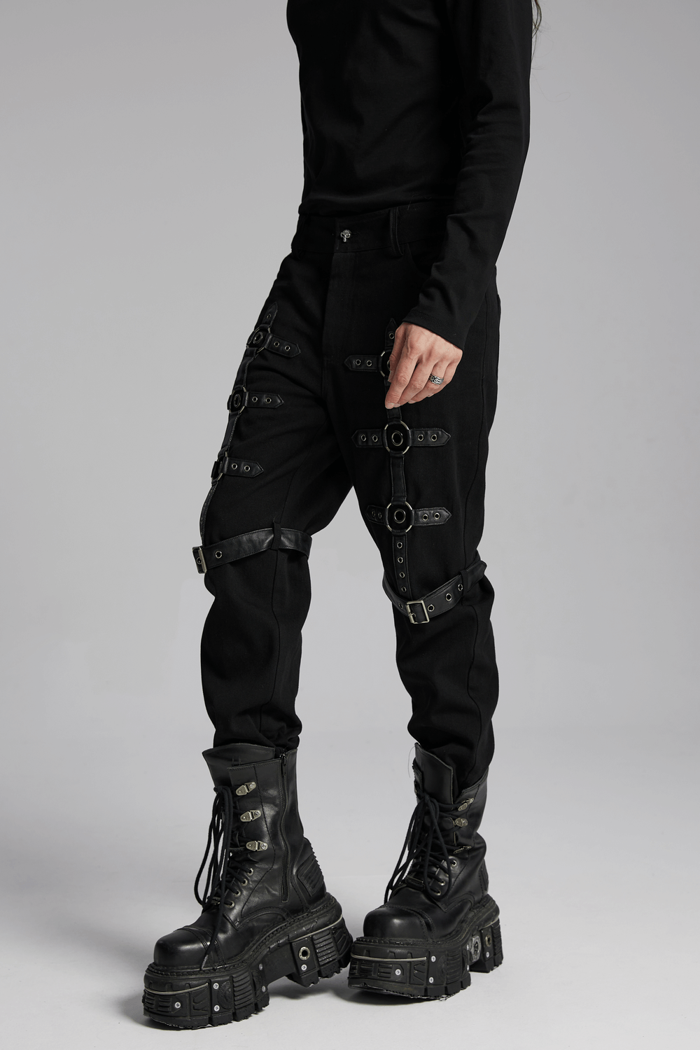 Black Twill Punk Pants with Metal Rings and Straps