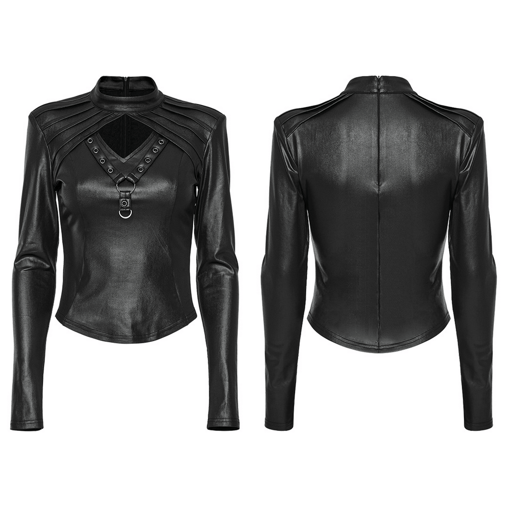 Edgy black leather long-sleeved top with shoulder pads and v-neck, featuring stylish buckle details.
