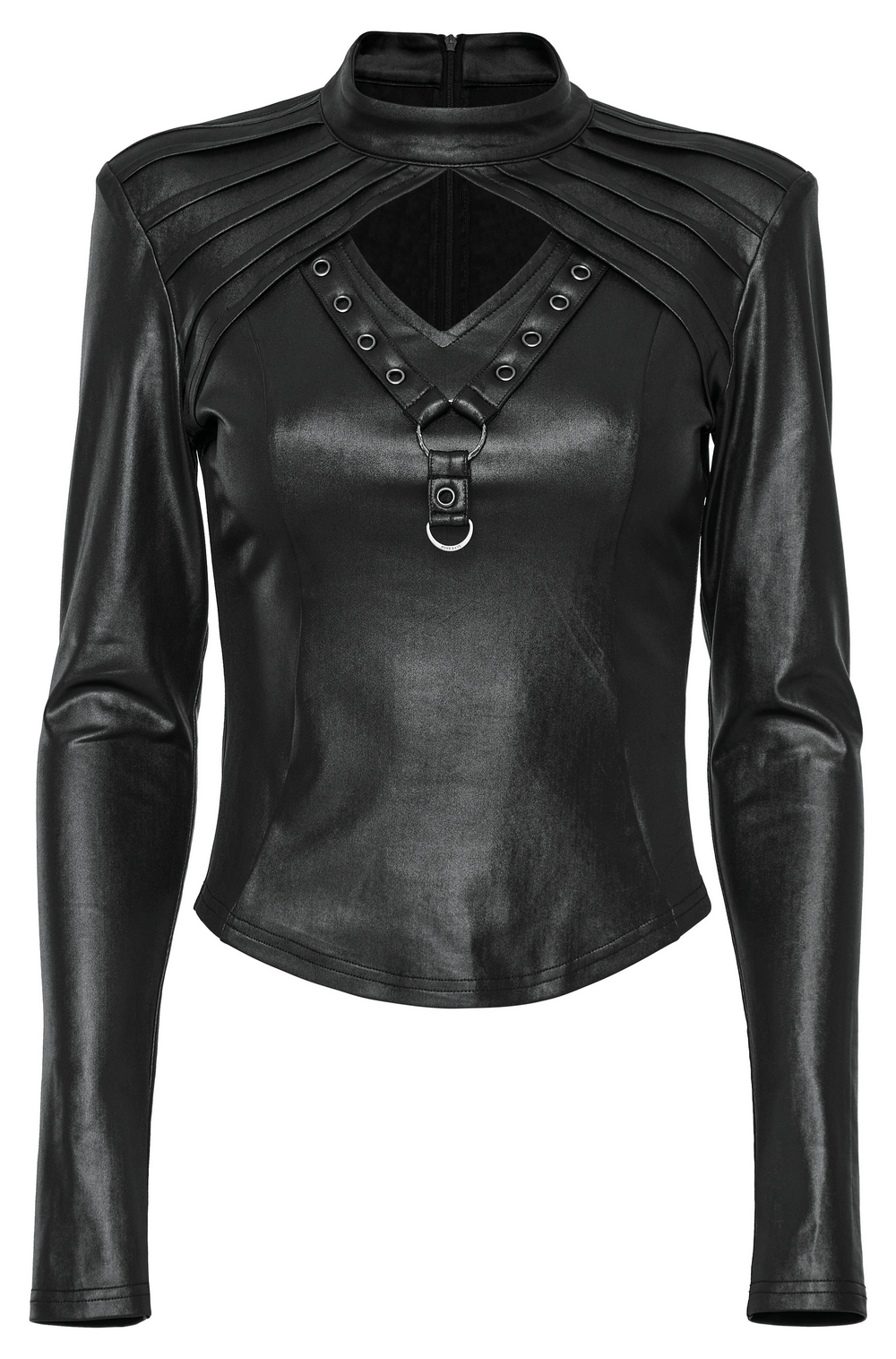 Trendy black long-sleeved top with shoulder pads and v-neck, featuring edgy leather design and decorative straps.