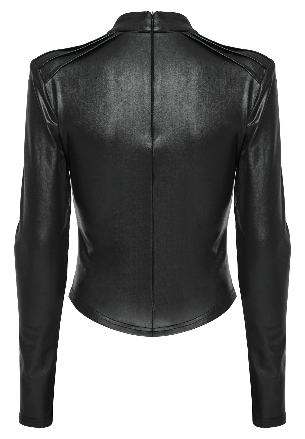 Back view of a trendy black long-sleeved top with shoulder pads, showcasing an edgy leather design.
