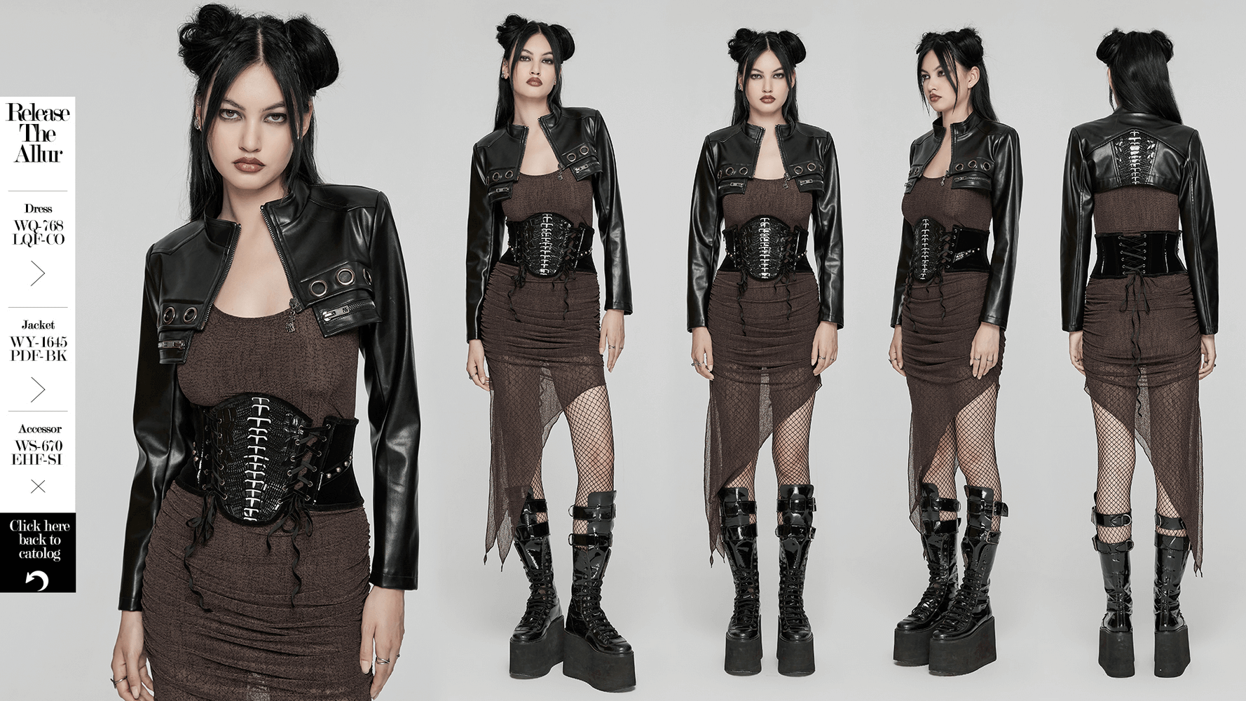 Gothic model wears a black velvet and patent leather corset belt with rivets and lace-up back, styled with edgy outfit.