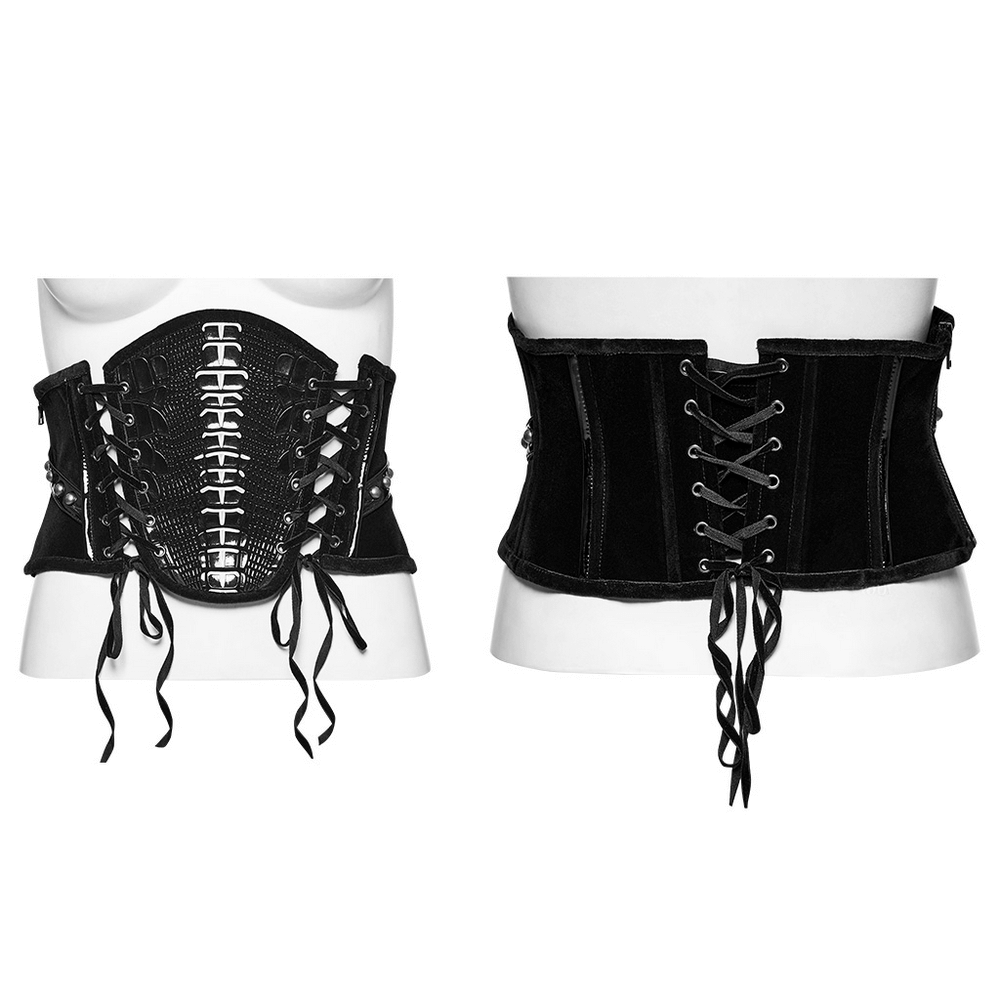 Black velvet and patent leather gothic corset belt with rivets and lace-up back for a curvy silhouette.