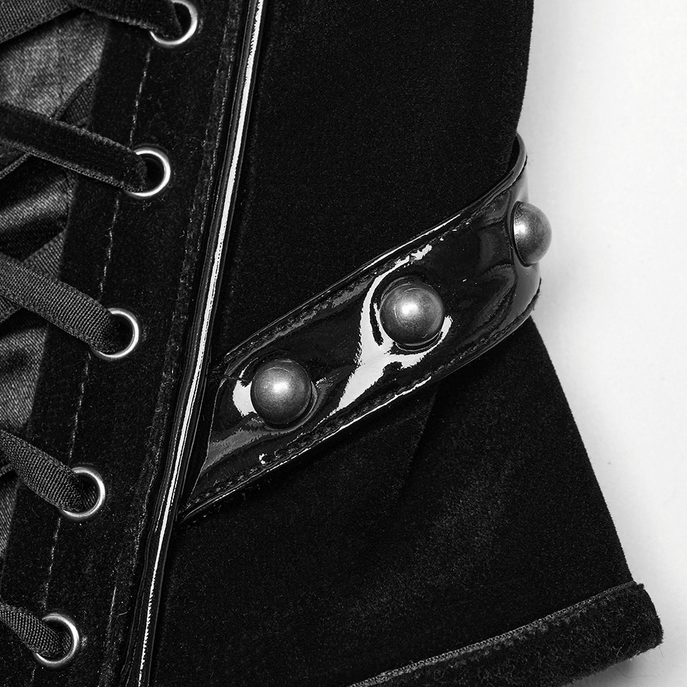 Close-up of the Black Velvet and Patent Leather Gothic Corset Belt showcasing rivets and lace-up detail.