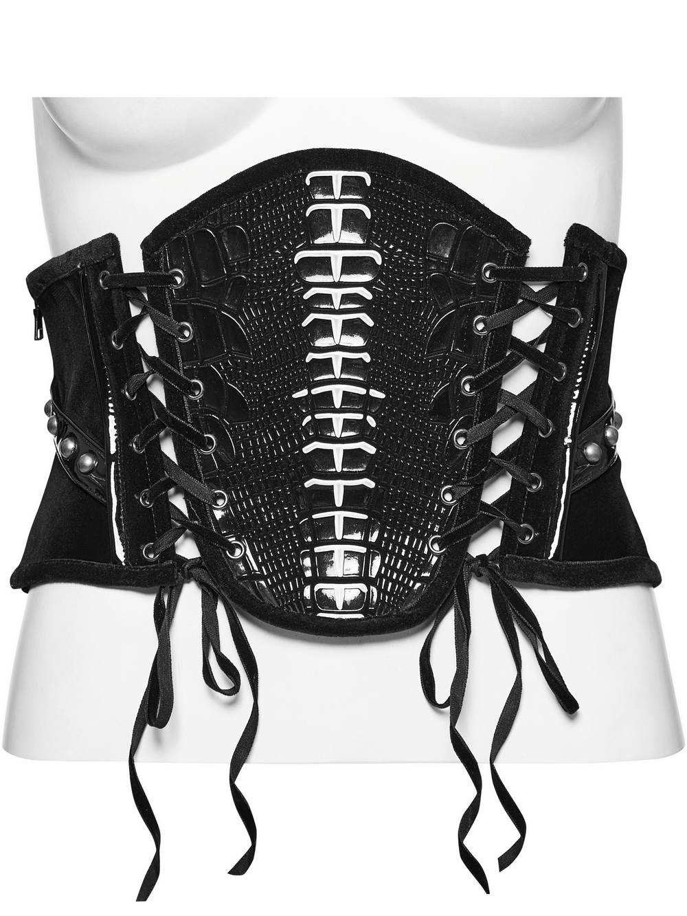 Black velvet and patent leather gothic corset belt with rivets and lace-up back, showcasing a curvy silhouette.