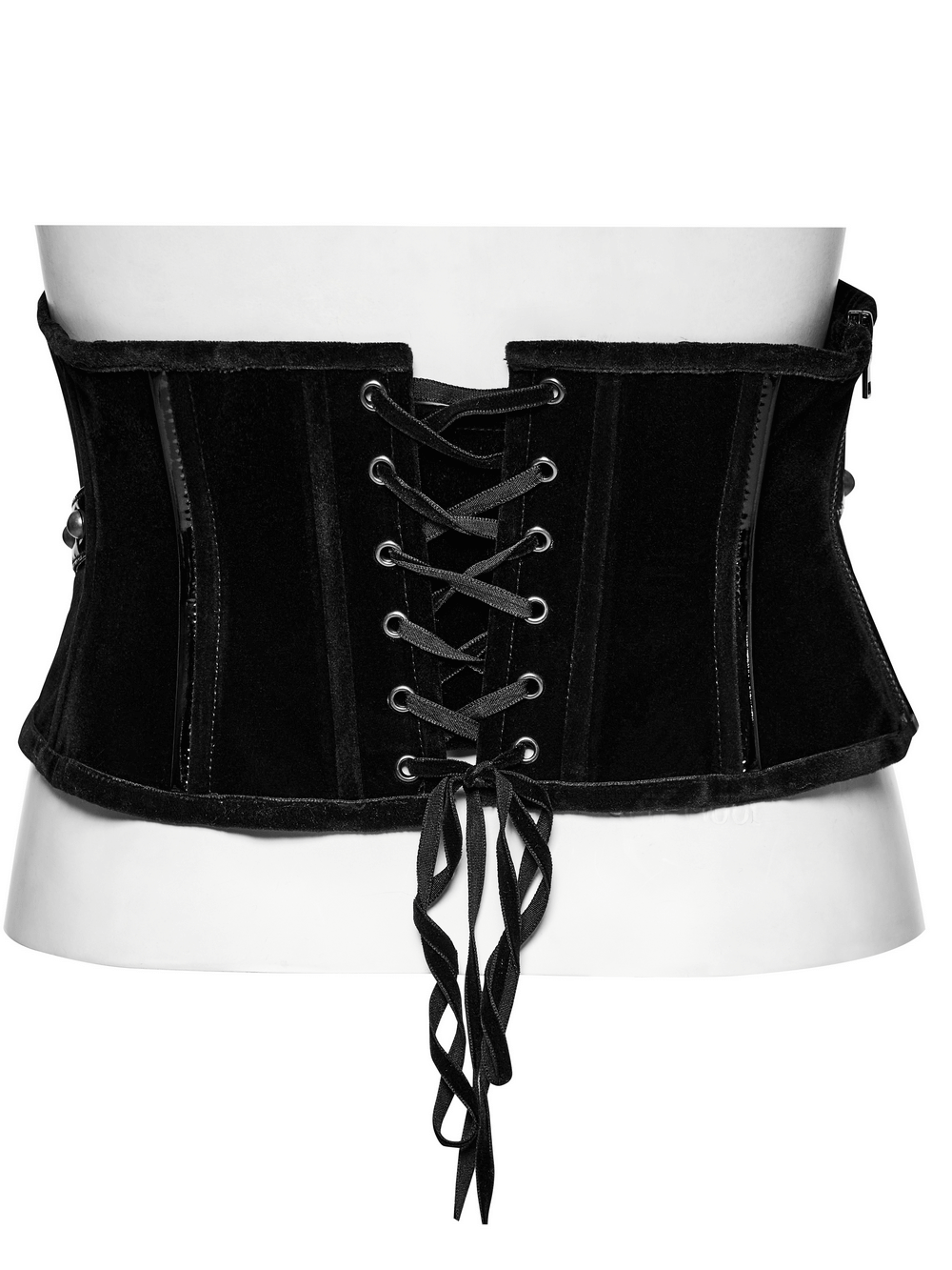 Black velvet corset belt with lace-up back and rivet detailing for a gothic-inspired silhouette.