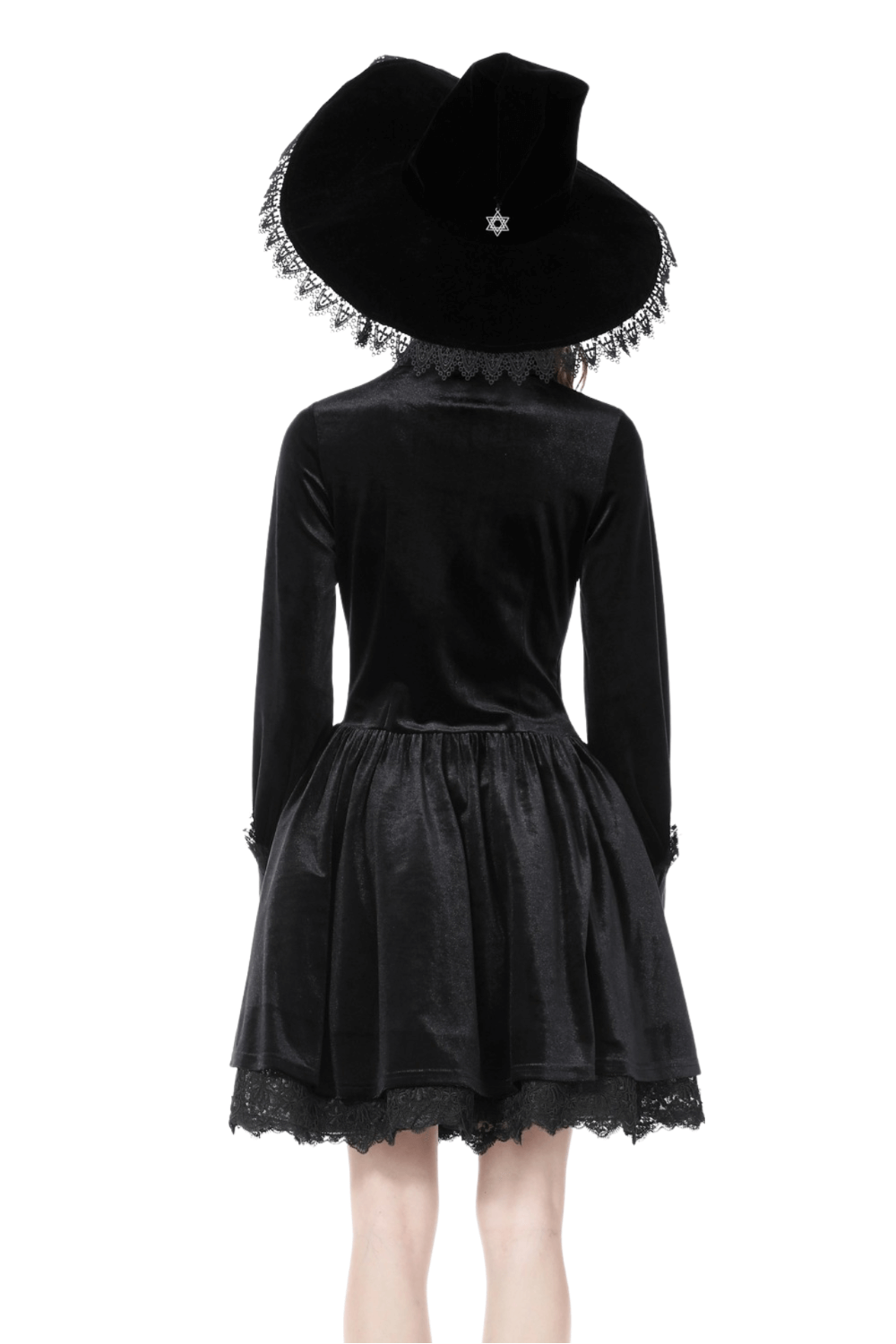 Black Velvet Batwing Collar Gothic Dress with Lace Cuffs