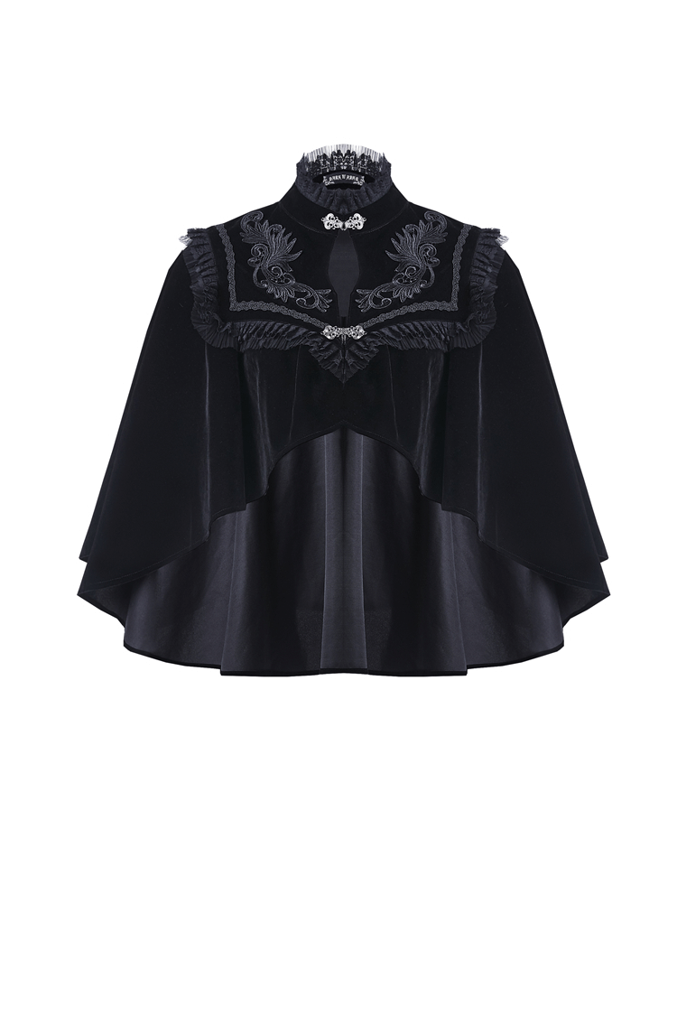 Elegant black velvet capelet with embroidered lace collar, perfect for gothic Victorian style and dramatic flair.