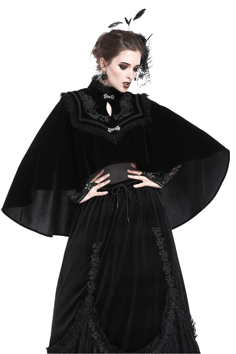 Black Velvet Cape with Embroidered Lace Collar