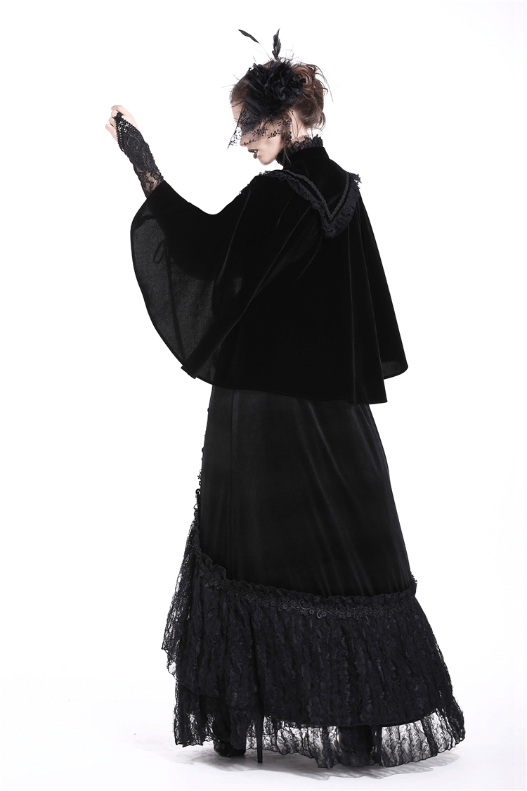 Elegant black velvet capelet with embroidered lace collar, perfect for gothic and Victorian-inspired fashion.