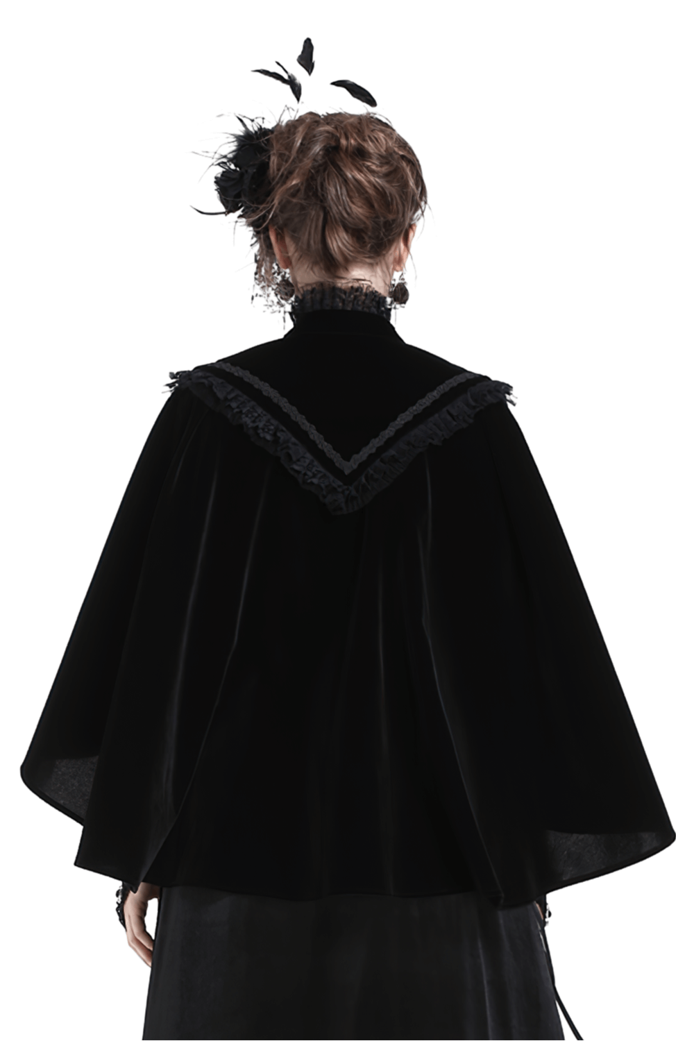 Elegant black velvet capelet with embroidered lace collar, perfect for gothic and Victorian-inspired outfits.
