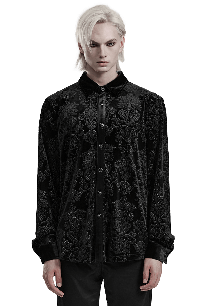 Elegant black velvet gothic shirt with floral embossing, designed for a sophisticated yet bold look.