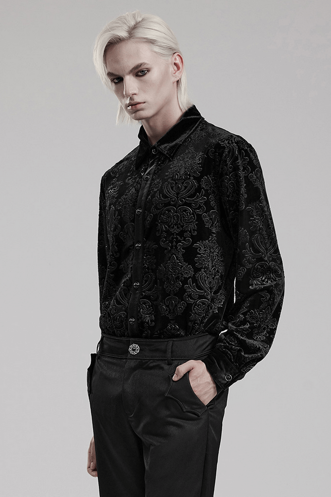Elegant black velvet gothic shirt with floral detail, perfect for making a bold fashion statement.