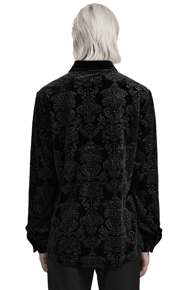 Back view of Black Velvet Gothic Shirt featuring elegant embossed floral patterns, perfect for a stylish gothic look.