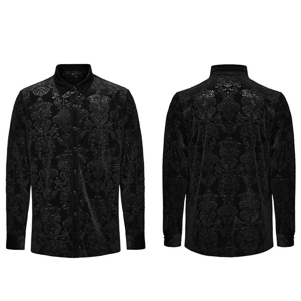 Elegant black velvet gothic shirt with embossed floral pattern, showcasing luxury and sophistication from front and back.