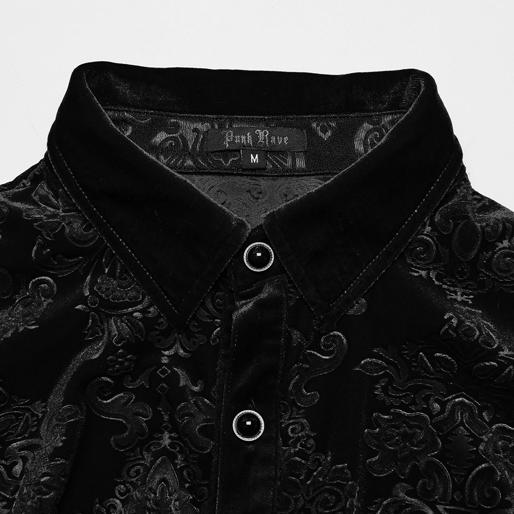 Close-up of a Black Velvet Gothic Shirt featuring embossed floral patterns and a stylish collar.