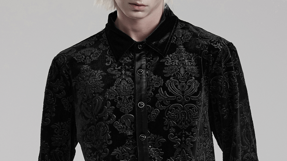 Men's black velvet gothic shirt with embossed floral patterns for a luxurious, elegant style.