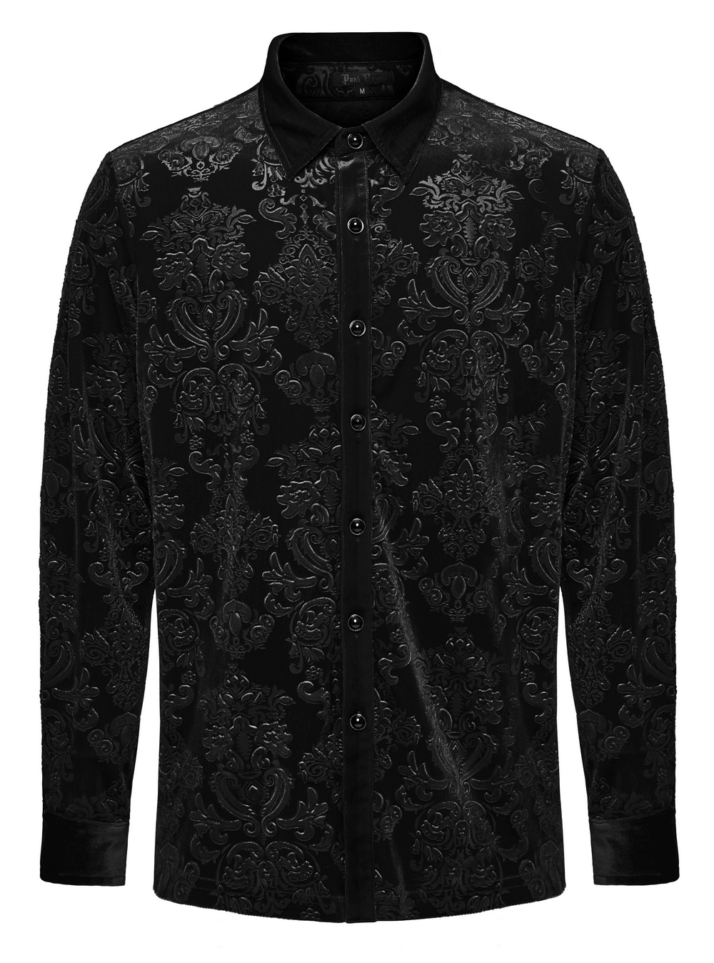 Elegant black velvet gothic shirt with embossed floral patterns for a unique, luxurious style.