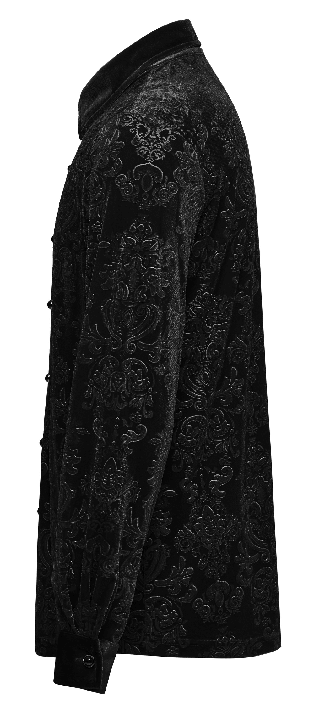 Elegant black velvet gothic shirt with embossed floral design, showcasing a sophisticated and bold style.