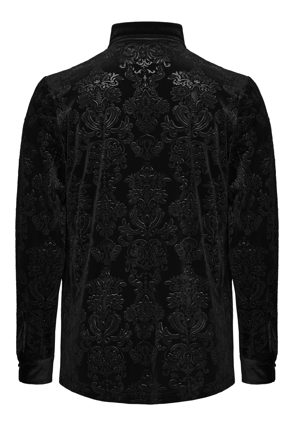 Back view of elegant Black Velvet Gothic Shirt featuring intricate floral embossing.