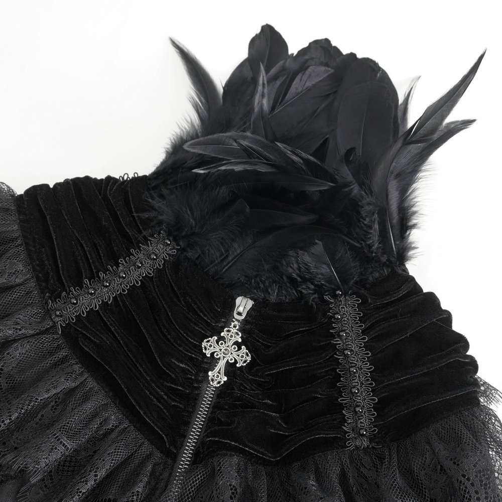 Elegant black velvet cape with lace and feathers, featuring zipper closure and gothic details for costumes.