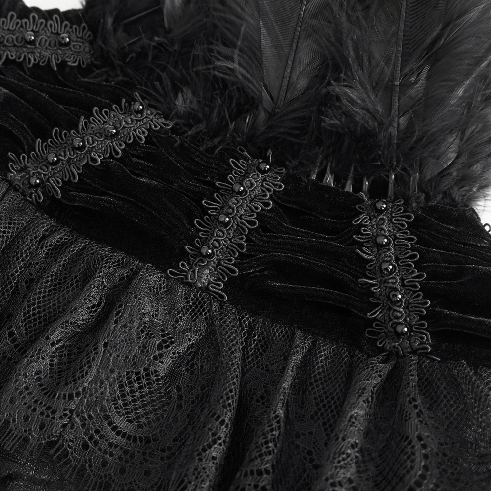 Black Velvet Gothic Cape with Lace and Feathers