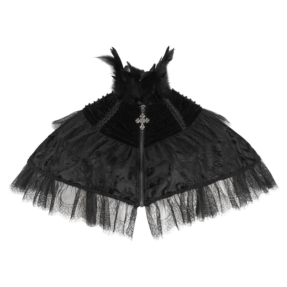 Elegant black velvet gothic cape with lace trim and feathers, perfect for costumes or Halloween.