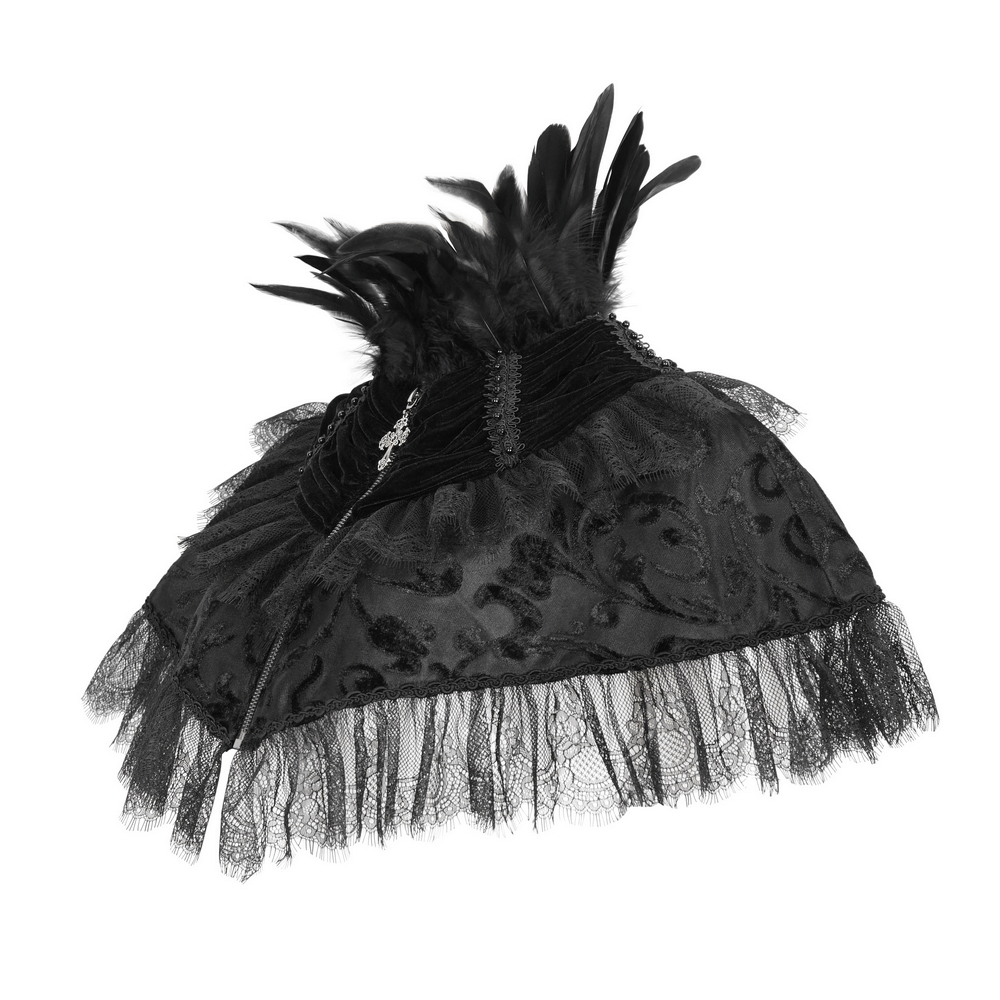 Elegant black hat with feathers and lace trim for gothic costumes and Halloween.