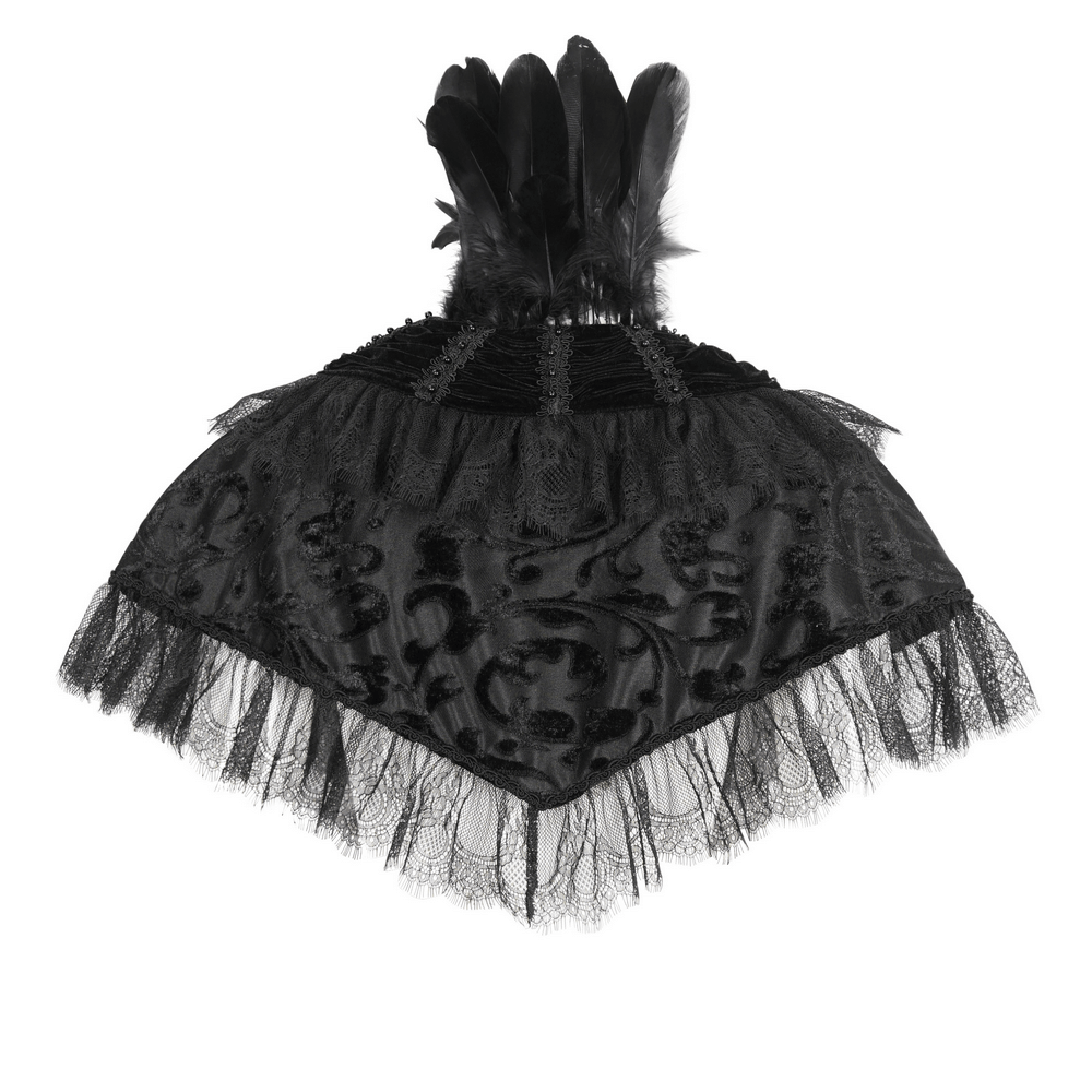 Elegant black velvet gothic cape with lace and feathers for dramatic costume looks.