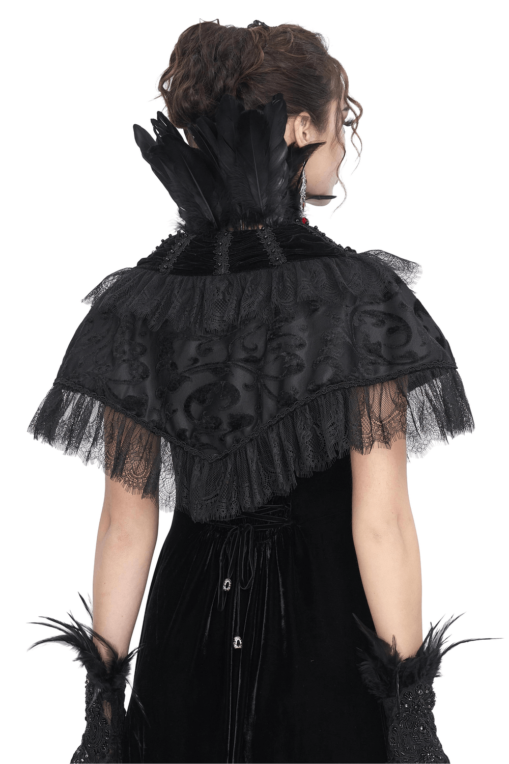 Elegant black velvet gothic cape with cascading lace and feathers, perfect for costumes and Halloween.