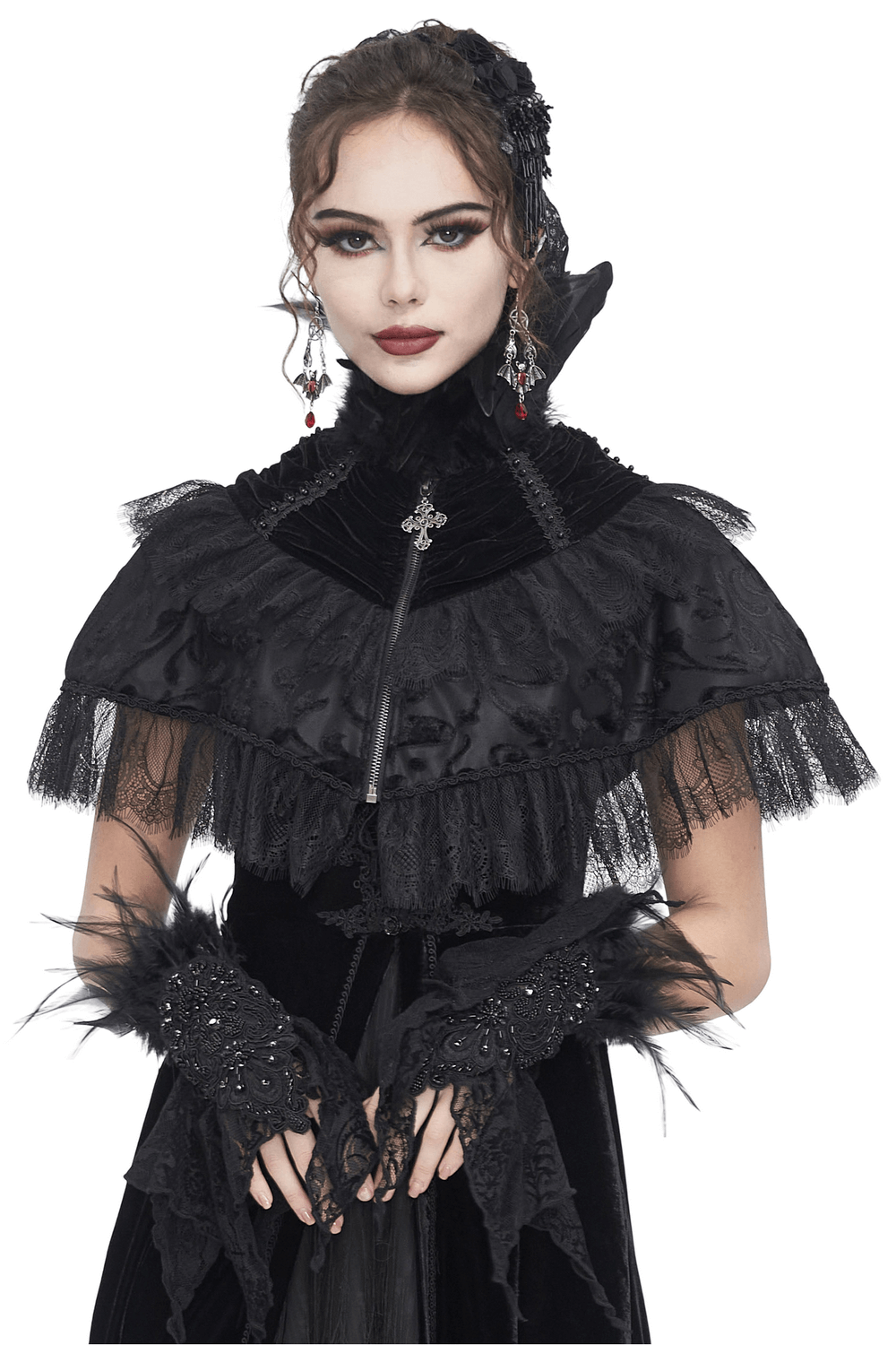 Elegant black velvet gothic cape with lace trim and feathers, perfect for costumes and Halloween celebrations.