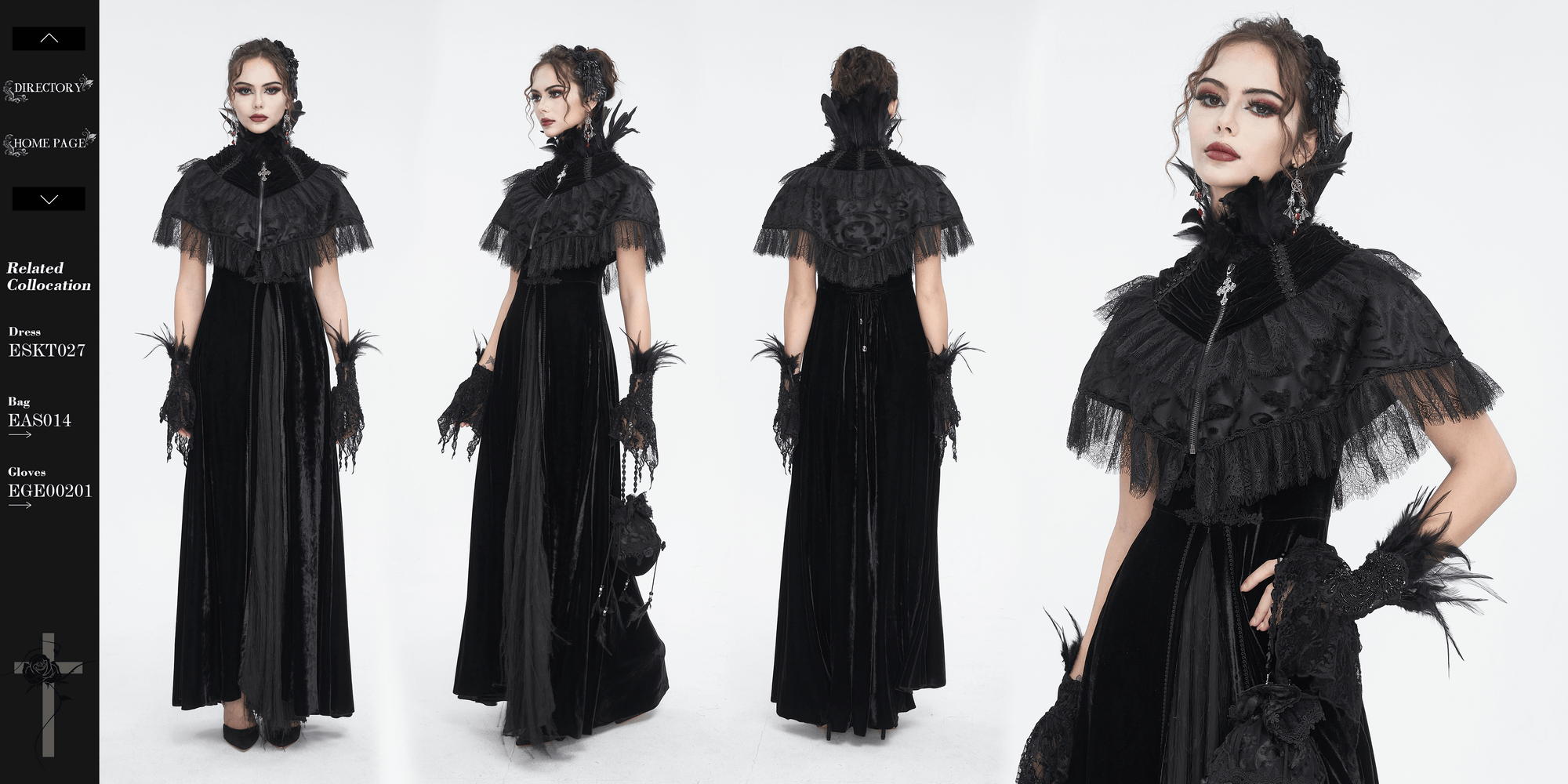 Elegant black velvet gothic cape with lace and feathers, perfect for costumes and dramatic outfits.