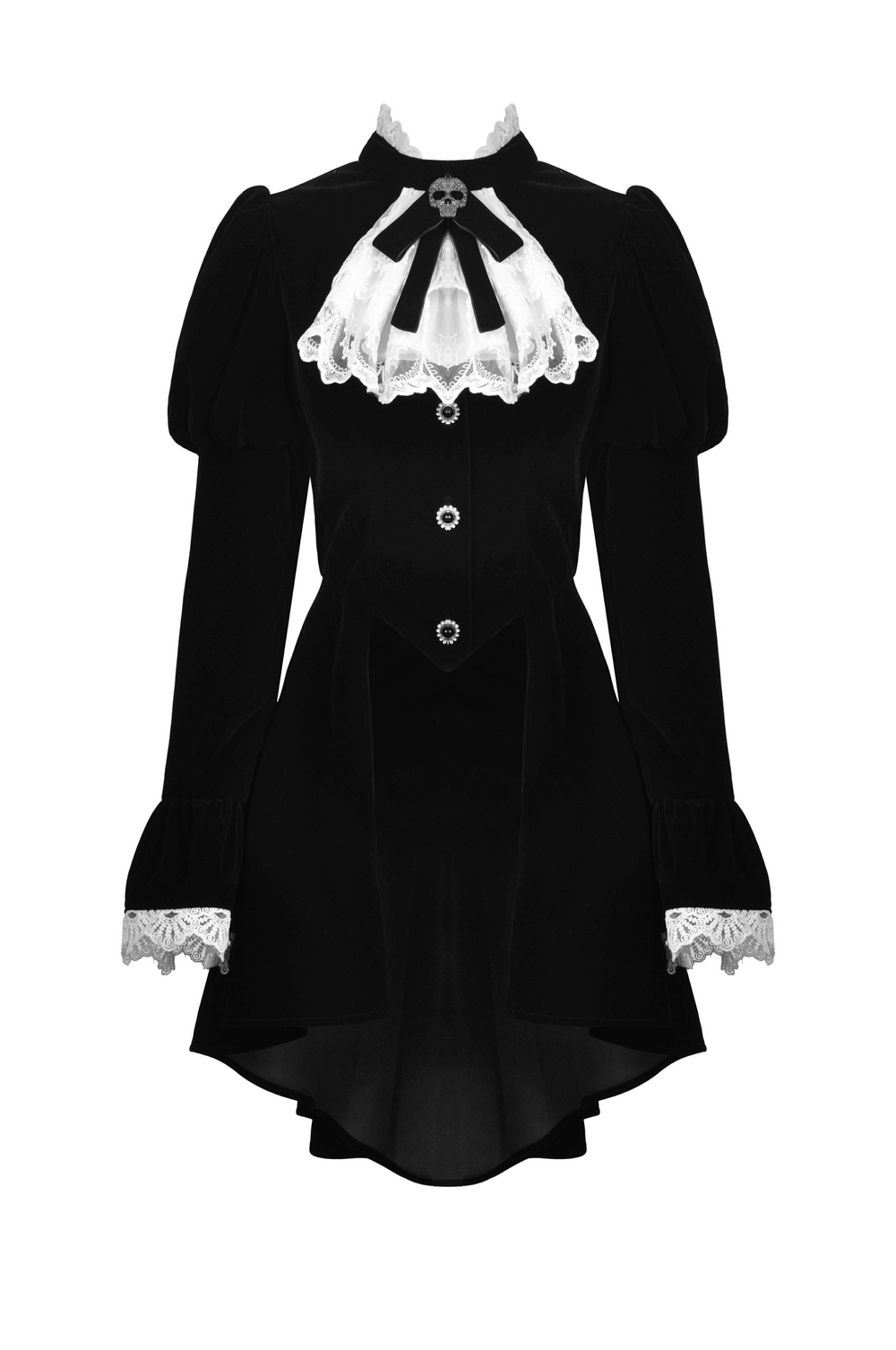 Black Velvet Gothic Coat with White Lace Collar and Cuffs