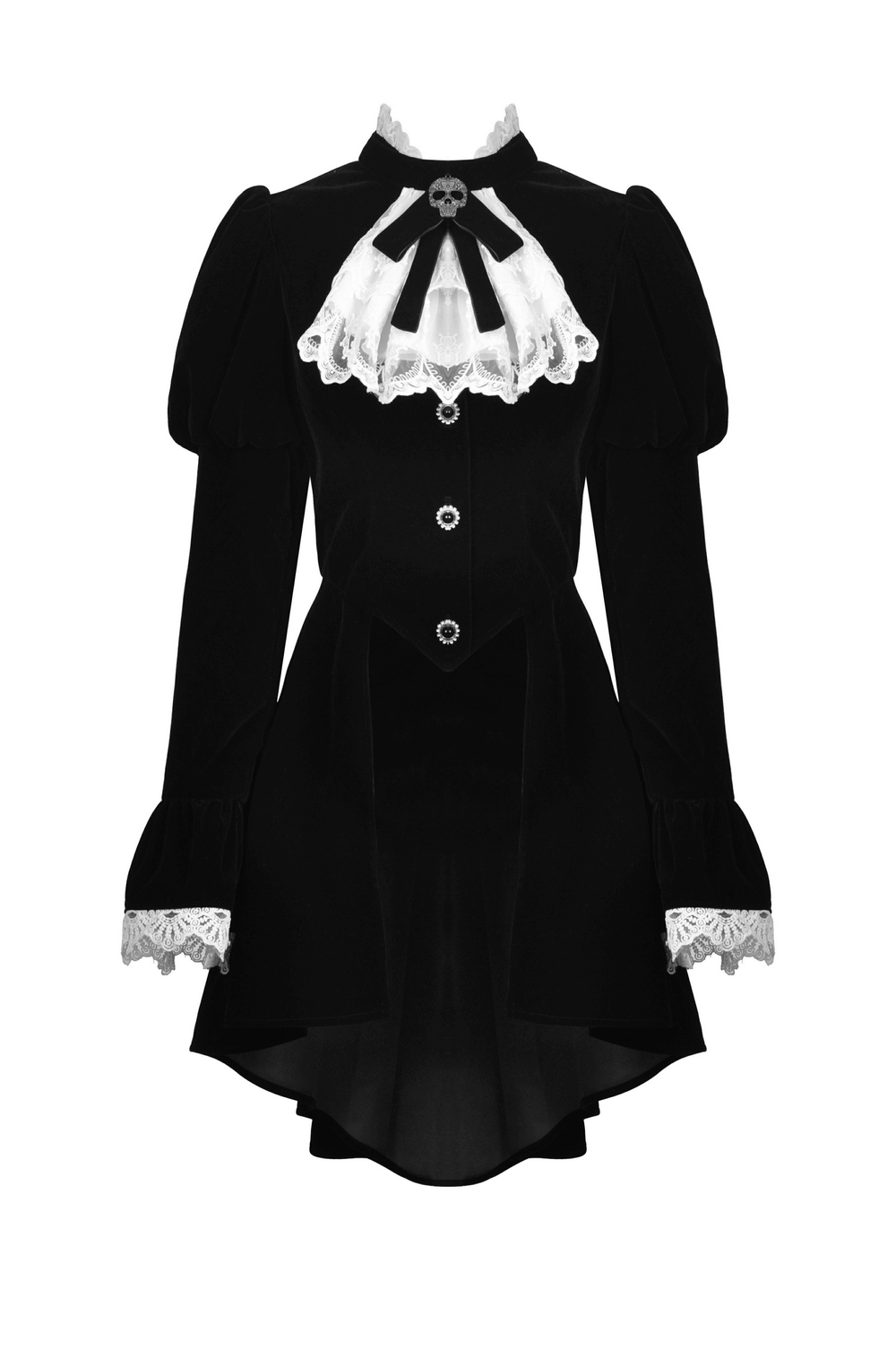 Black velvet gothic coat with elegant white lace collar and cuffs, perfect for dark romantic outings or cosplay.