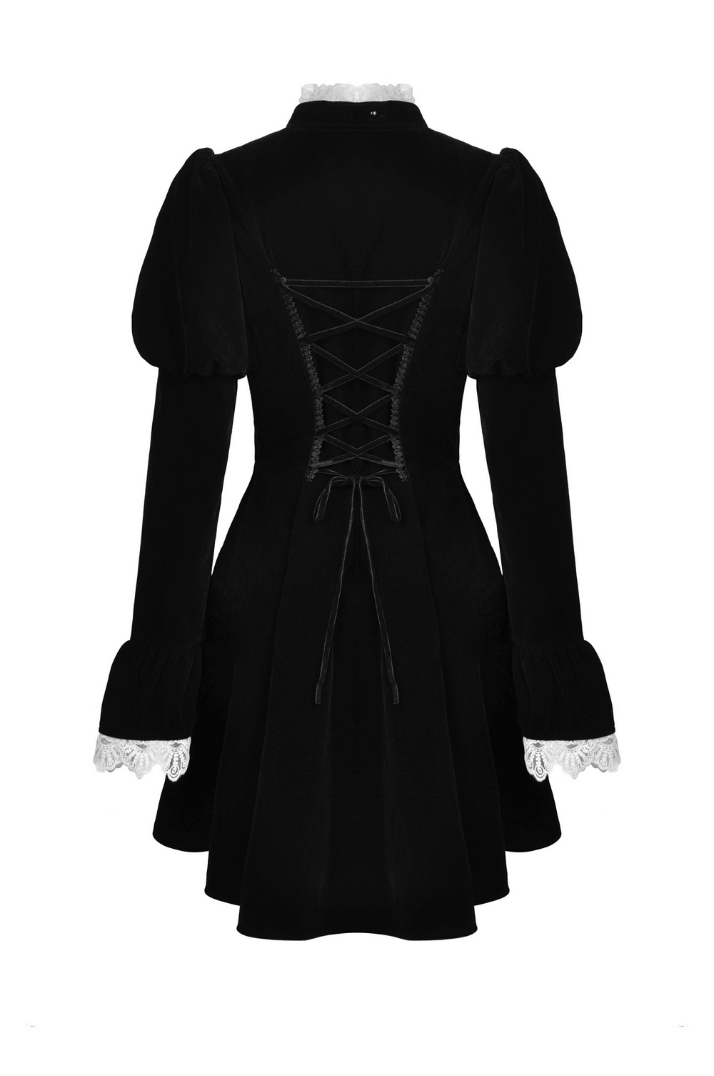 Back view of a black velvet gothic coat with lace collar and cuffs, featuring a lace-up design and puff sleeves.