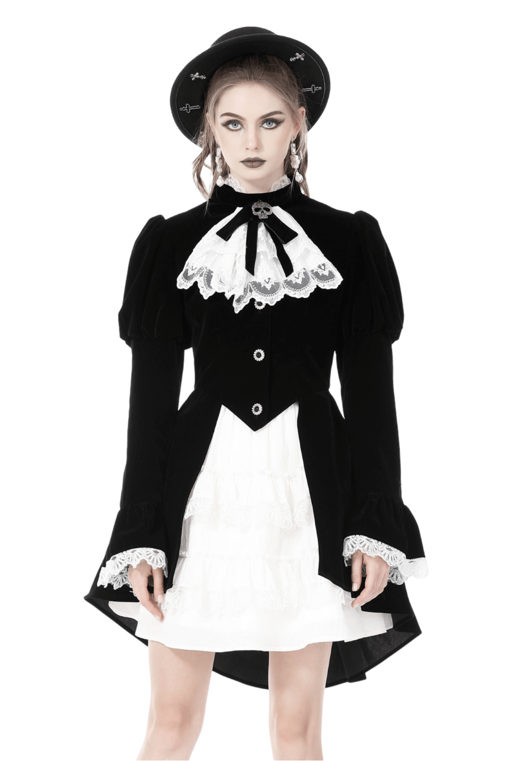Stunning black velvet gothic coat with white lace collar and cuffs, perfect for dark romantic outings or cosplay.