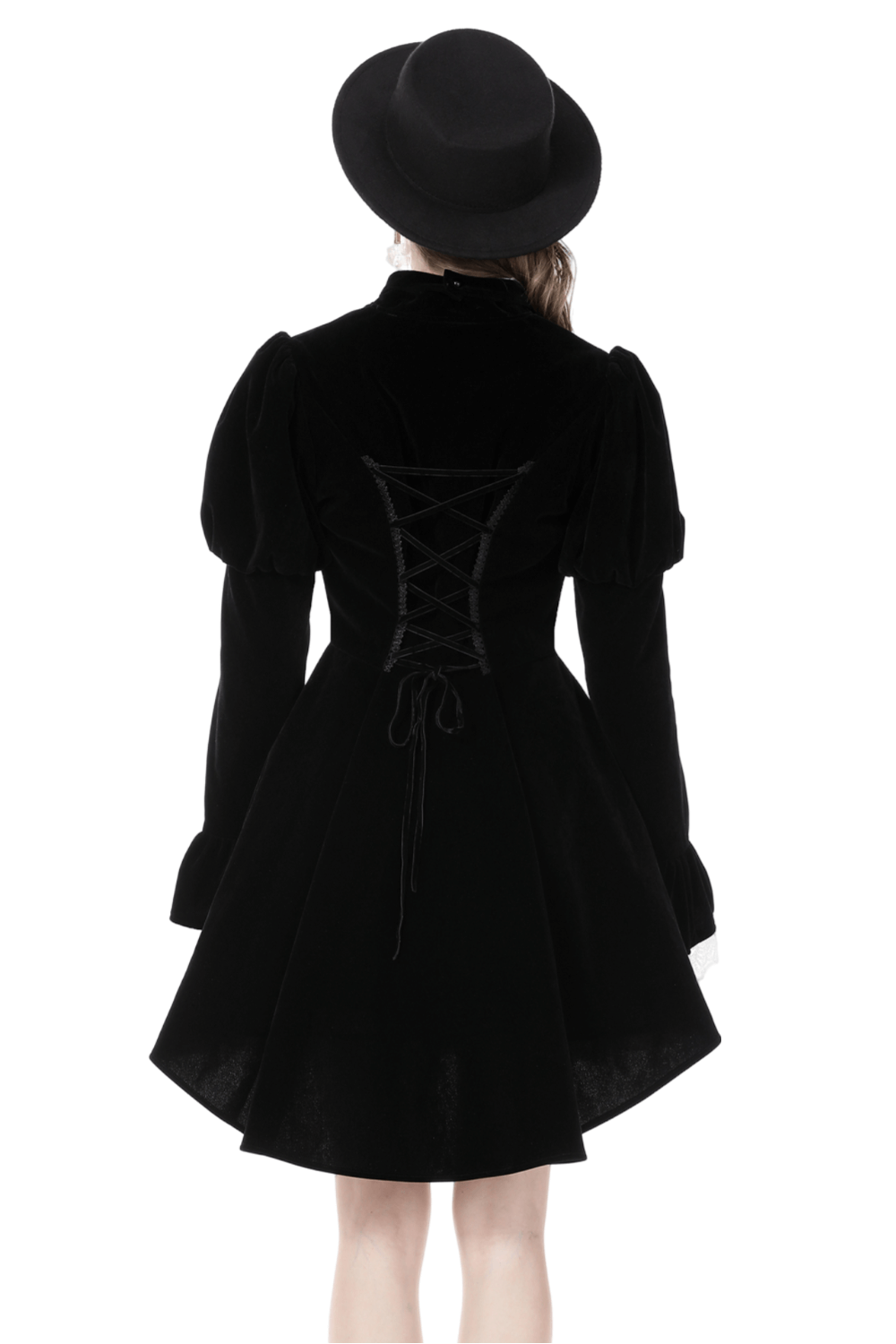 Black Velvet Gothic Coat with White Lace Collar and Cuffs