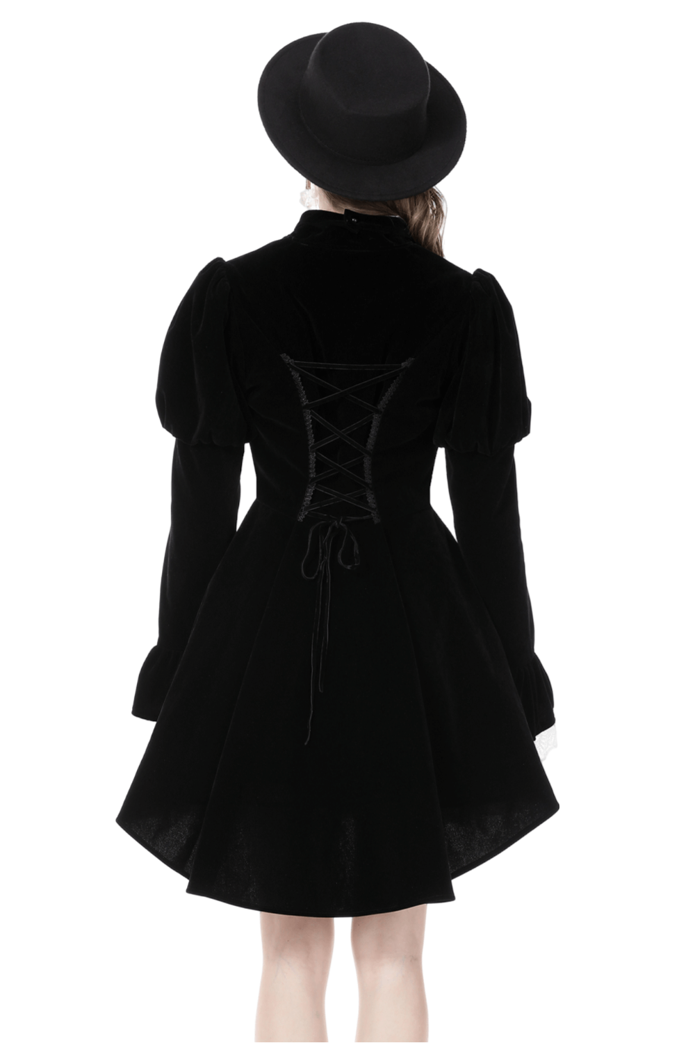 Back view of a black velvet gothic coat with puffed sleeves and lace-up detailing, complemented by a stylish black hat.