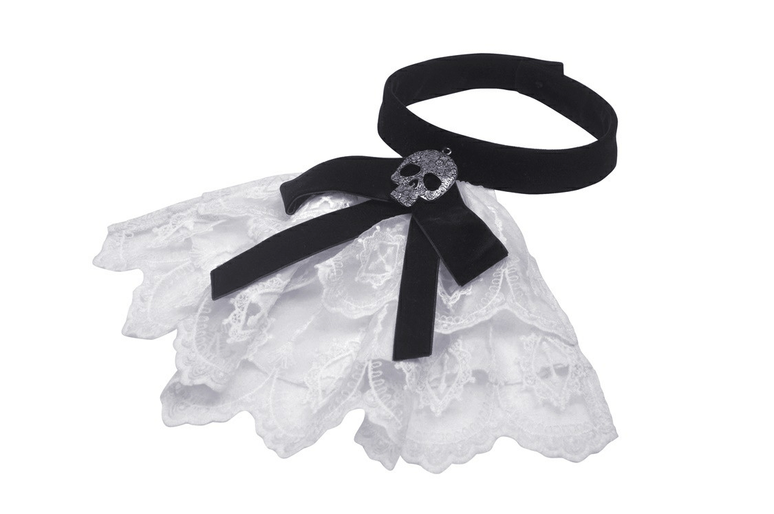 Gothic white lace choker with skull detail and black ribbon accents, perfect for gothic fashion enthusiasts.