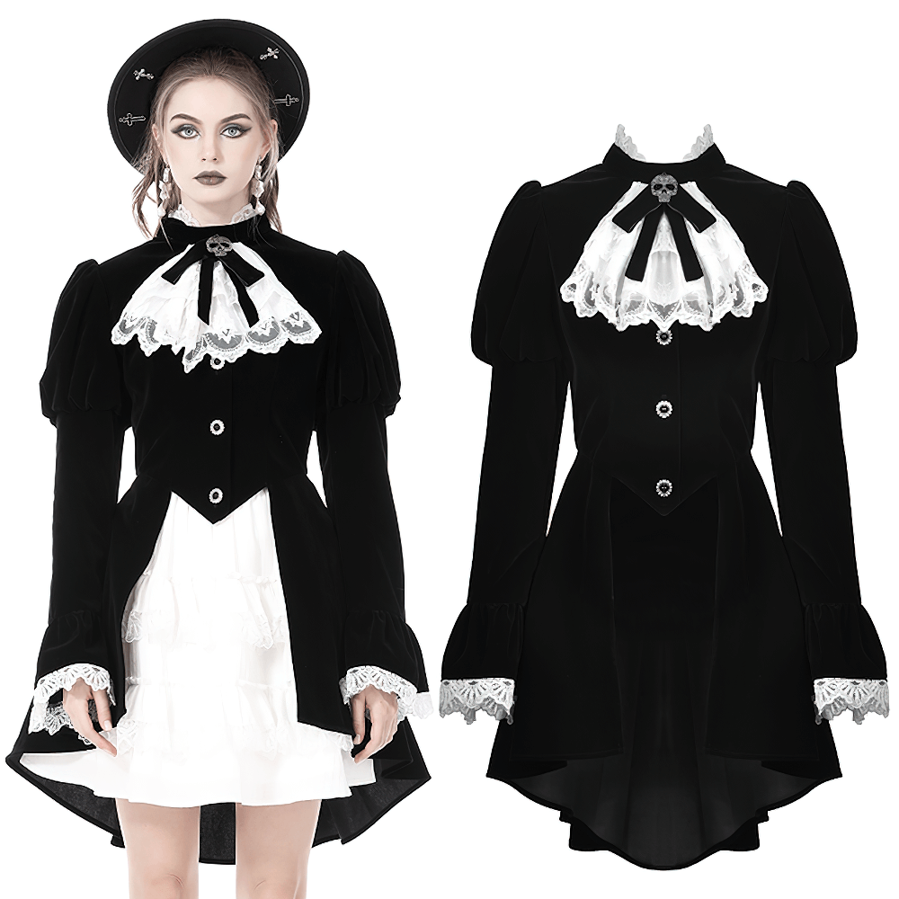 Gothic black velvet coat with white lace collar and cuffs, perfect for dark romantic outings and cosplay.