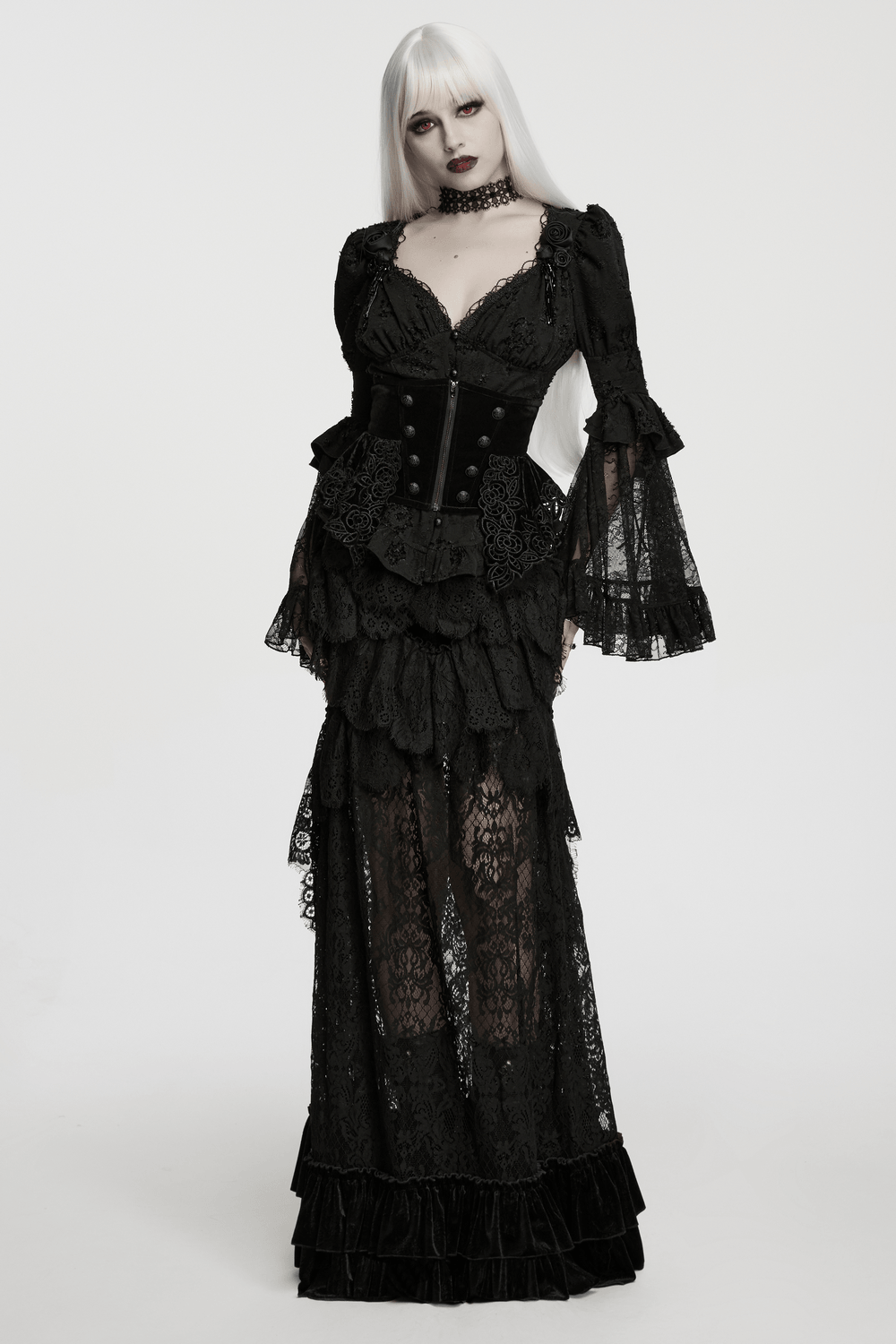 Black Velvet Gothic Layered Lace Skirt with Ruffles