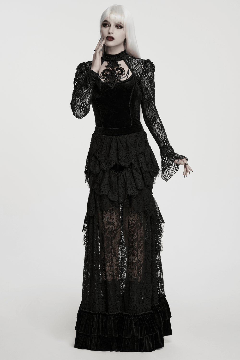 Black Velvet Gothic Layered Lace Skirt with Ruffles