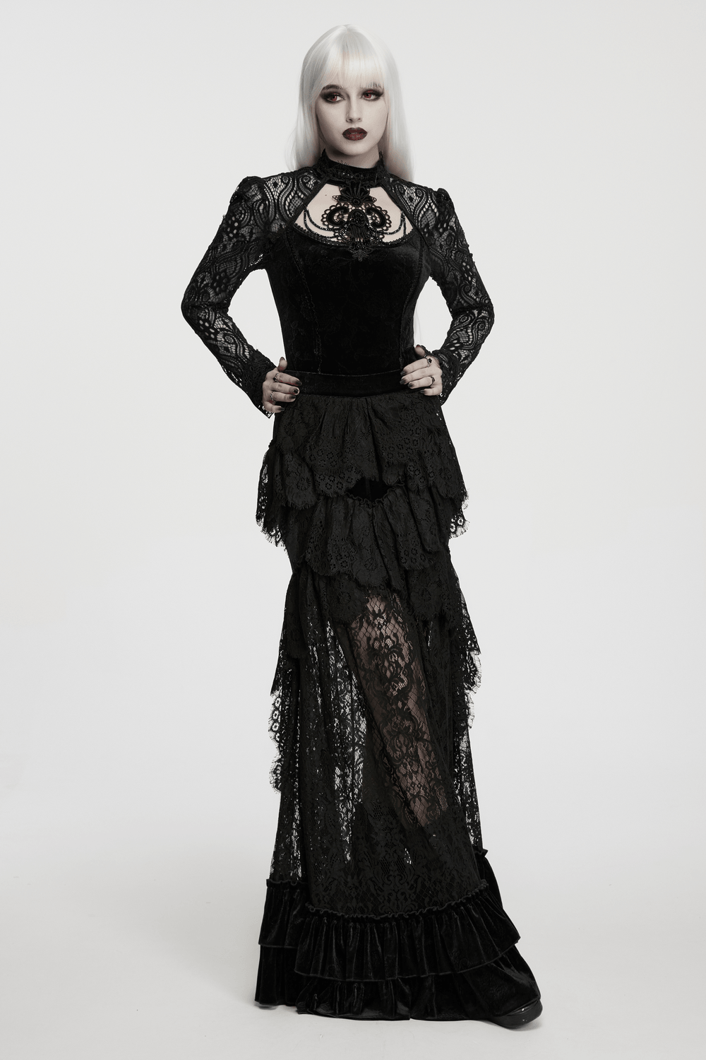 Black Velvet Gothic Layered Lace Skirt with Ruffles