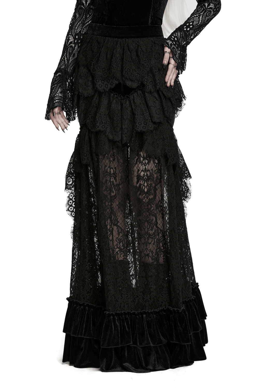Black Velvet Gothic Layered Lace Skirt with Ruffles