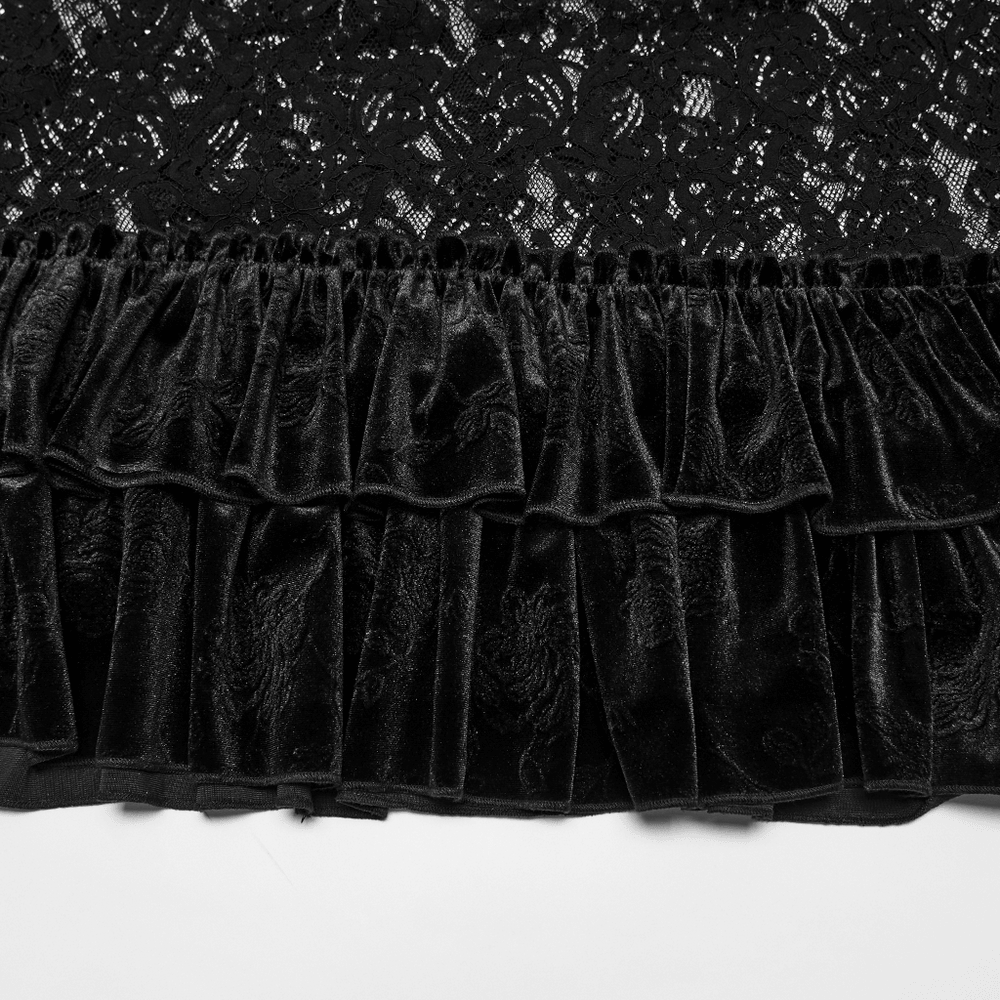 Black Velvet Gothic Layered Lace Skirt with Ruffles