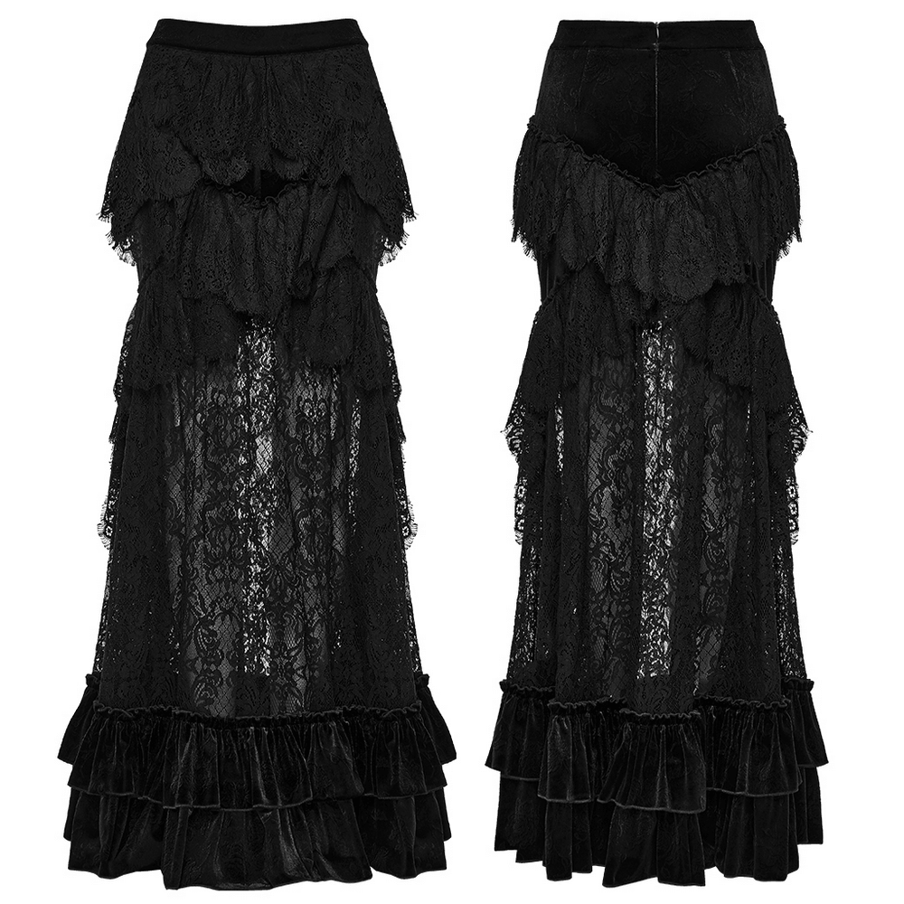 Black Velvet Gothic Layered Lace Skirt with Ruffles