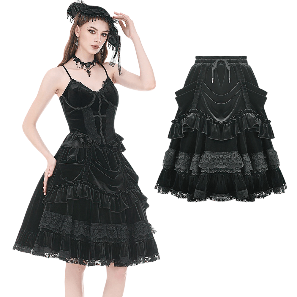 Black Velvet Gothic Lolita Ruffle Midi Skirt with Lace