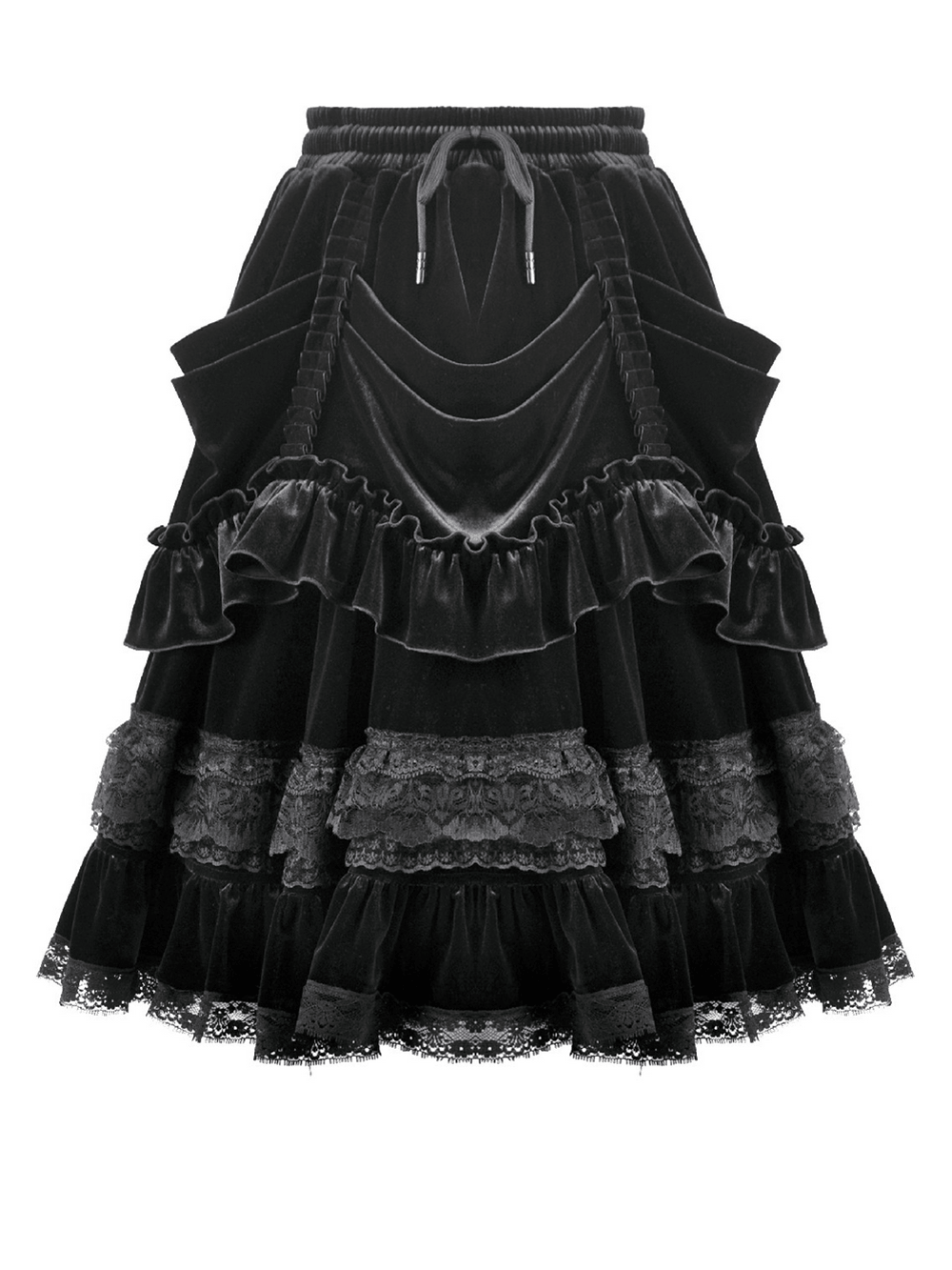 Black Velvet Gothic Lolita Ruffle Midi Skirt with Lace