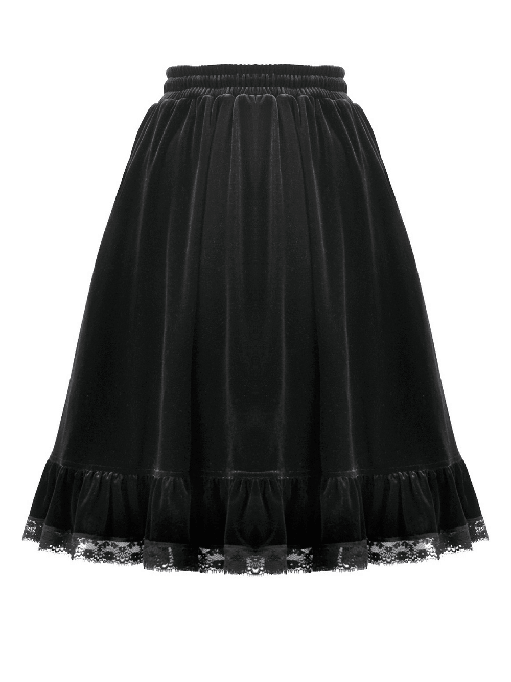 Black Velvet Gothic Lolita Ruffle Midi Skirt with Lace
