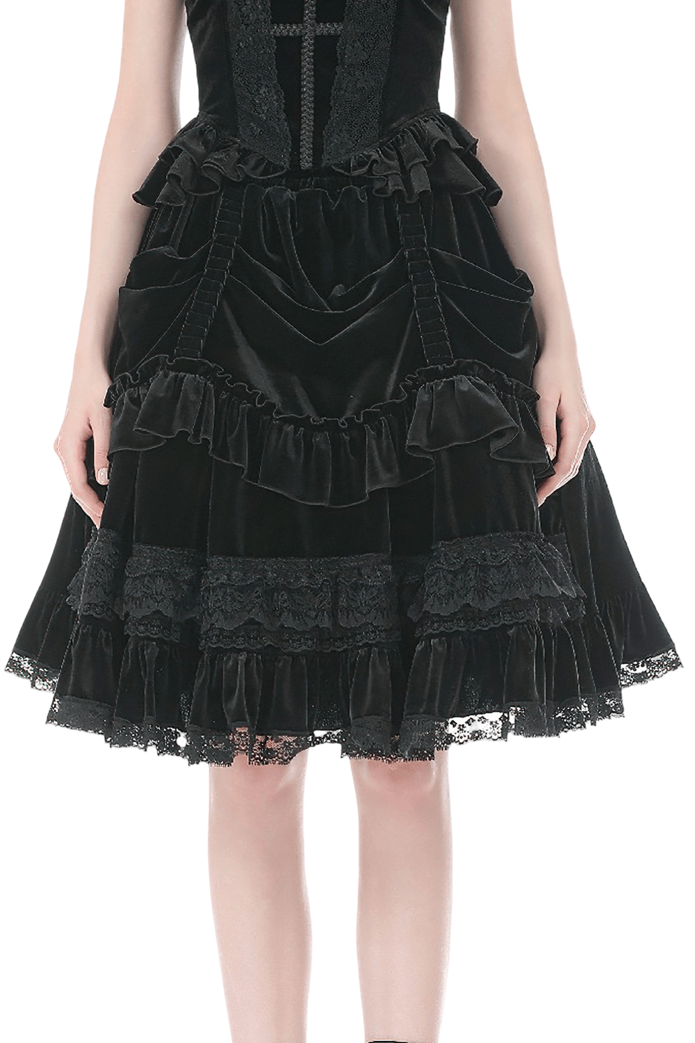 Black Velvet Gothic Lolita Ruffle Midi Skirt with Lace